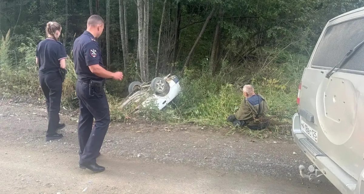 В Приморье двое полицейских вытащили 77-летнего водителя из перевёрнутой дымящейся машины